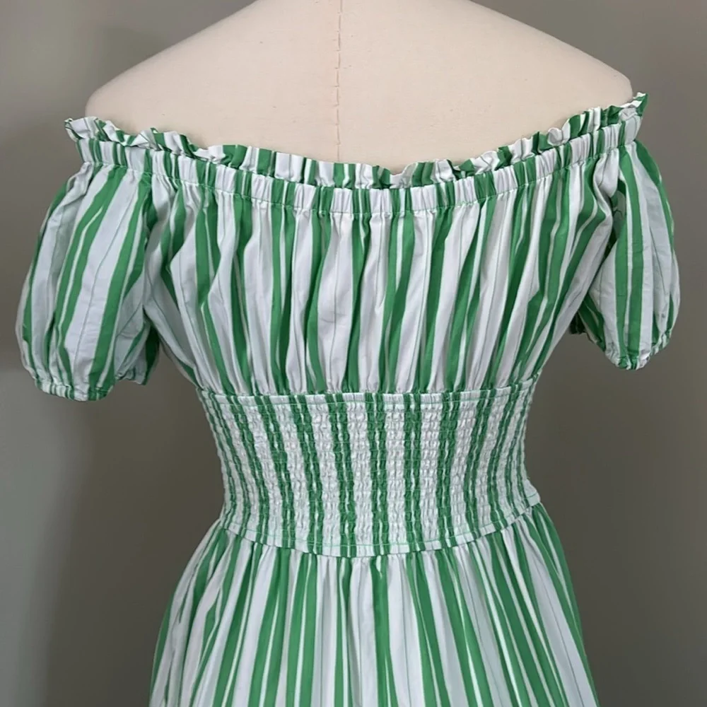 eShakti Wayward Fancies Off-theshoulder Stripe Cotton Poplin Smocked Waist Dress - Picture 3 of 11